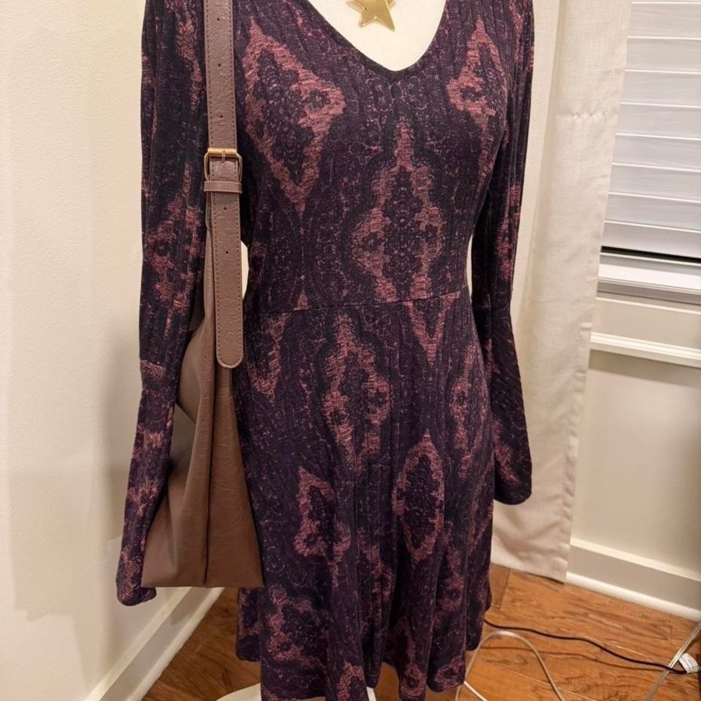 Alya Womens Large Purple Pink Damask Paisley Bell Sleeve V-Neck Fit Flare Dress
